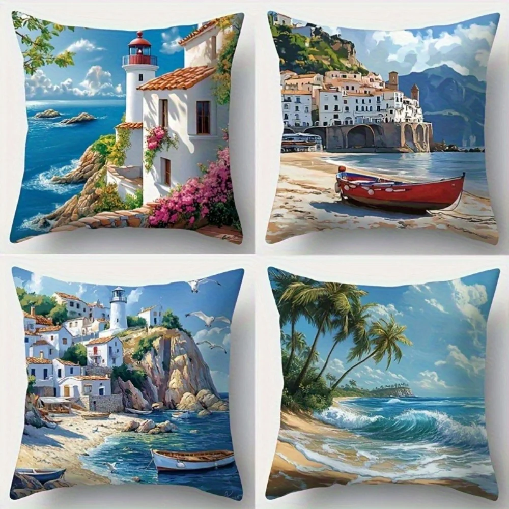 4pcs Mediterranean Cushion Cover Lighthouse Beach Coastal Scenery Printed Pillow Case Polyester Home Decor Sofa Living Room