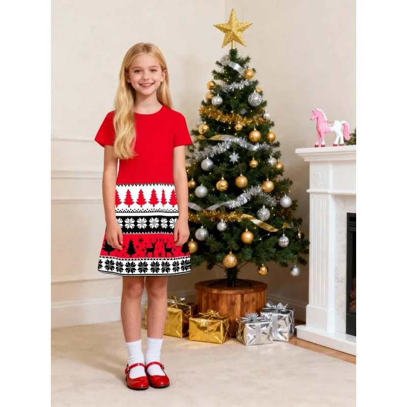 

Girls Red Pine Tree Reindeer Snowflake Print Short Sleeve Dress Cute A-Line Skirt Children's Festival Christmas Clothing