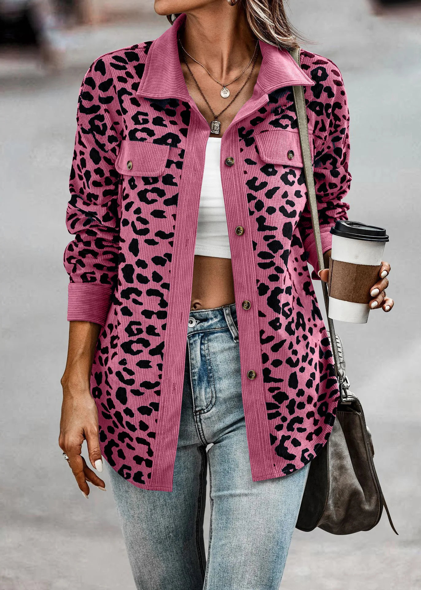 Autumn And Winter 2024 Fashion Leopard Print Button Long Sleeve Jacket Woman