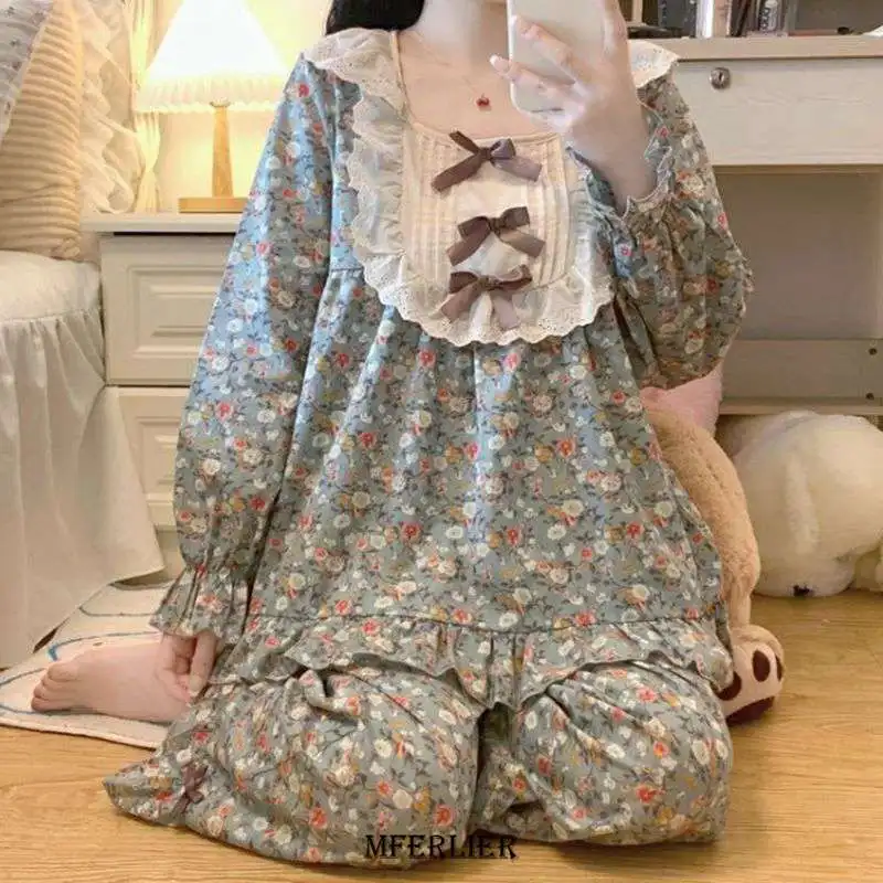 Plus Size 4XL 150KG Spring Flower Pajamas Sets O Neck Women Long Sleeve Tops and Pants O Neck Homewear Flower Pyjama Sleepwear