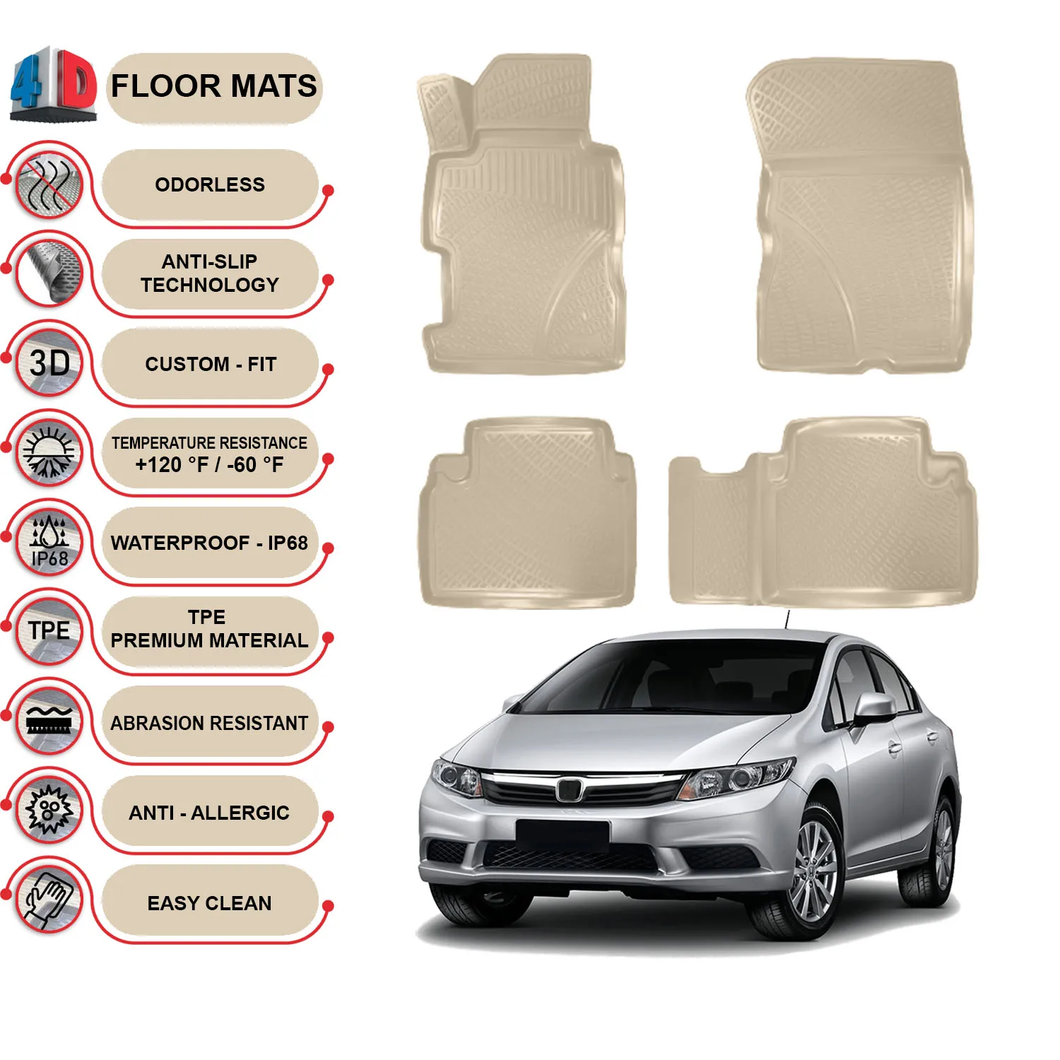 Honda Civic Sedan (2006-2012) Floor Mats Liner Waterproof 3D - (Beige)