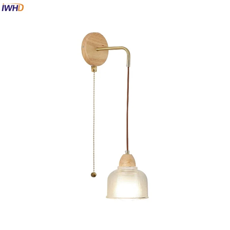 

IWHD Wood Simple LED Wall Light Fixture Cafe Hallway Bedroom Clear Glass Adjustable Pull Chain Switch Bedside Lamp Aplique Pared