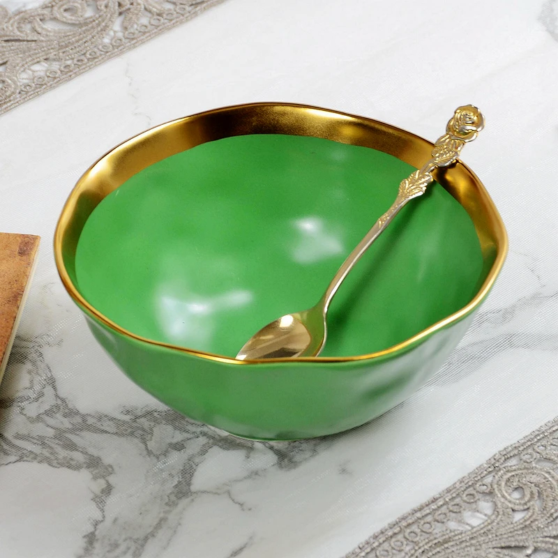 European style gilded ceramic green glazed food bowl, colored glazed fruit salad bowl, European style breakfast bowl, 6-inch bow