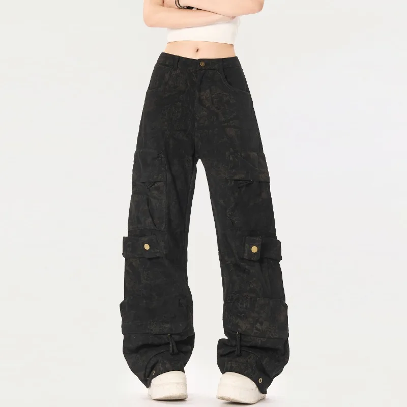 OR FL Aging 100 Cotton Women Cargo Trousers American Street Trendy Brand Slacks Women's Baggy Wide Leg Pants Waste Soil Y2k