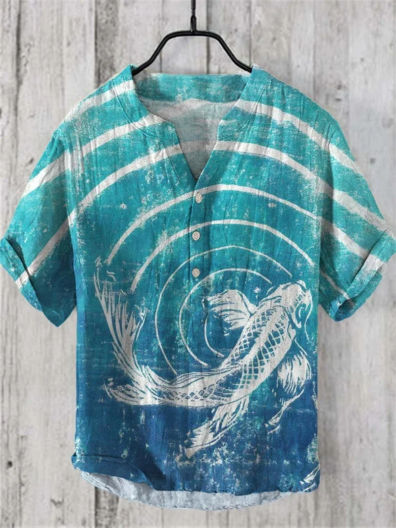 Wave print series 3D digital print casual loose short sleeved three button linen shirt for men's retro Hawaiian art