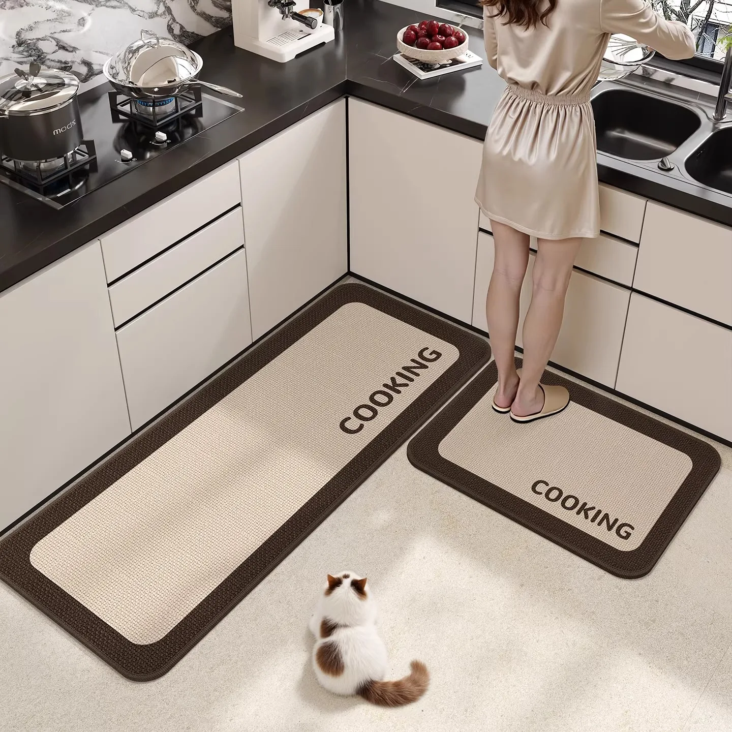 

Kitchen Floor Mat Home Decoration Rug Non-slip Oil-proof Carpet Linen Texture Beige Pattern Area Rugs Wear-resistant Foot Mats