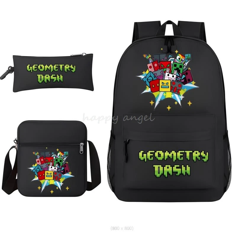 3Pcs Set Geometry Dash Print Backpack With Shoulder Bag Pencil Case Cartoon School Bags for Boys Girls School Bags Set Best Gift