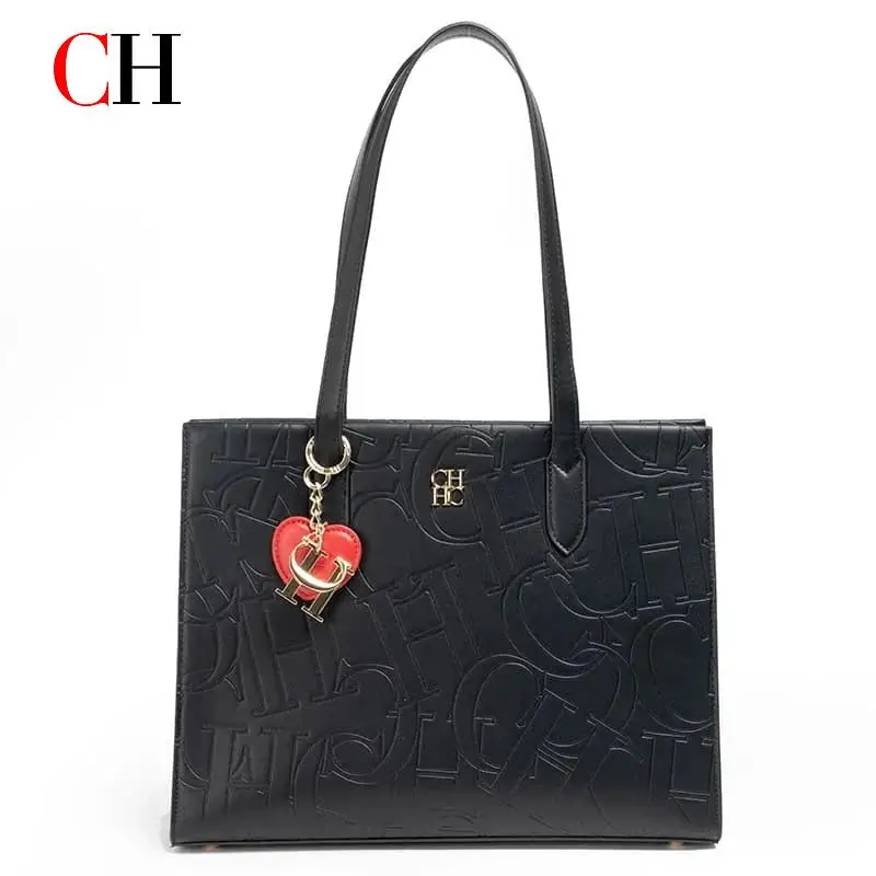 

CH Elegant Black Embossed Tote Bag with Heart Pendant Large Capacity Shoulder Bag for Women Fashion Luxury Designer Handbag