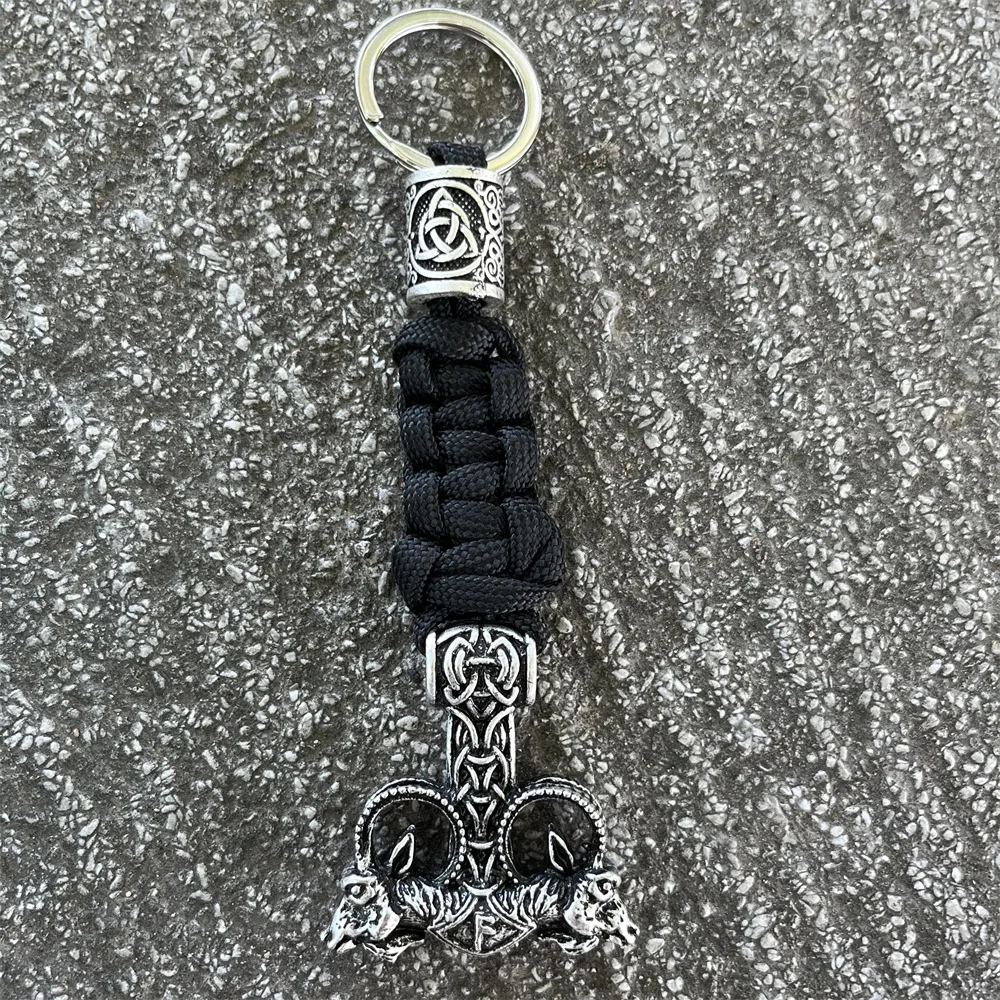 1Pcs Double Goats Odin Rune Ansuz Thor Hammer Keychain Viking Bead DIY Paracord Keyholder