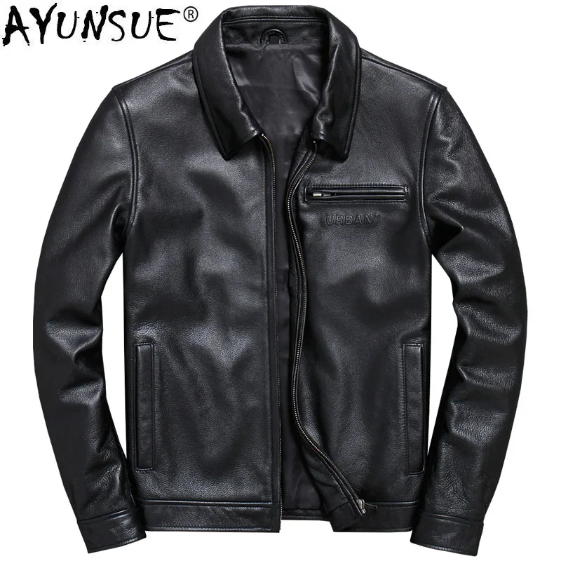 

Genuine AYUSNUE Jacket Men Spring Autumn 100% Cow Coat Short Cowhide Biker Mens Leather Jackets V-A005 KJ3850