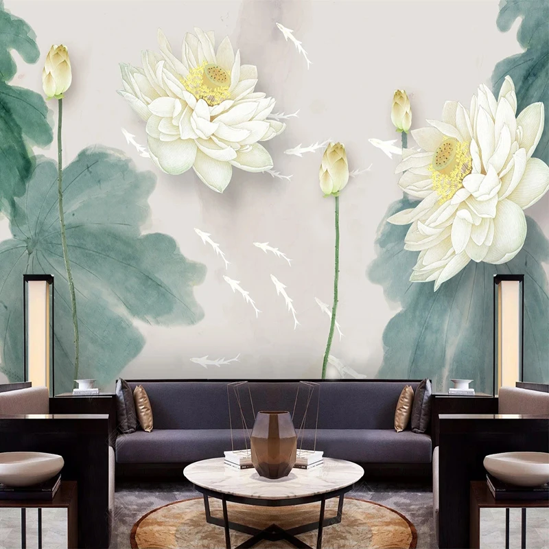 

Custom Photo Wallpaper Chinese Background Wall Retro Lotus Hand-painted Mural Cafe Hotel Living Room Bedroom Wall Decor Fresco