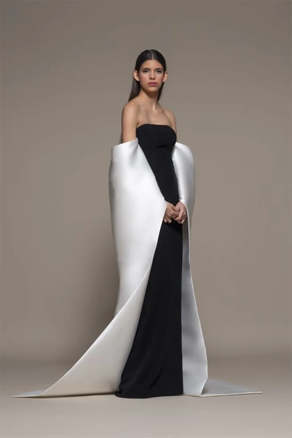 Amanda Black Detachable Shawl Prom Gown Strapless Satin Column Evening Formal Elegant Sleeveless Floor-Length Party Dresses