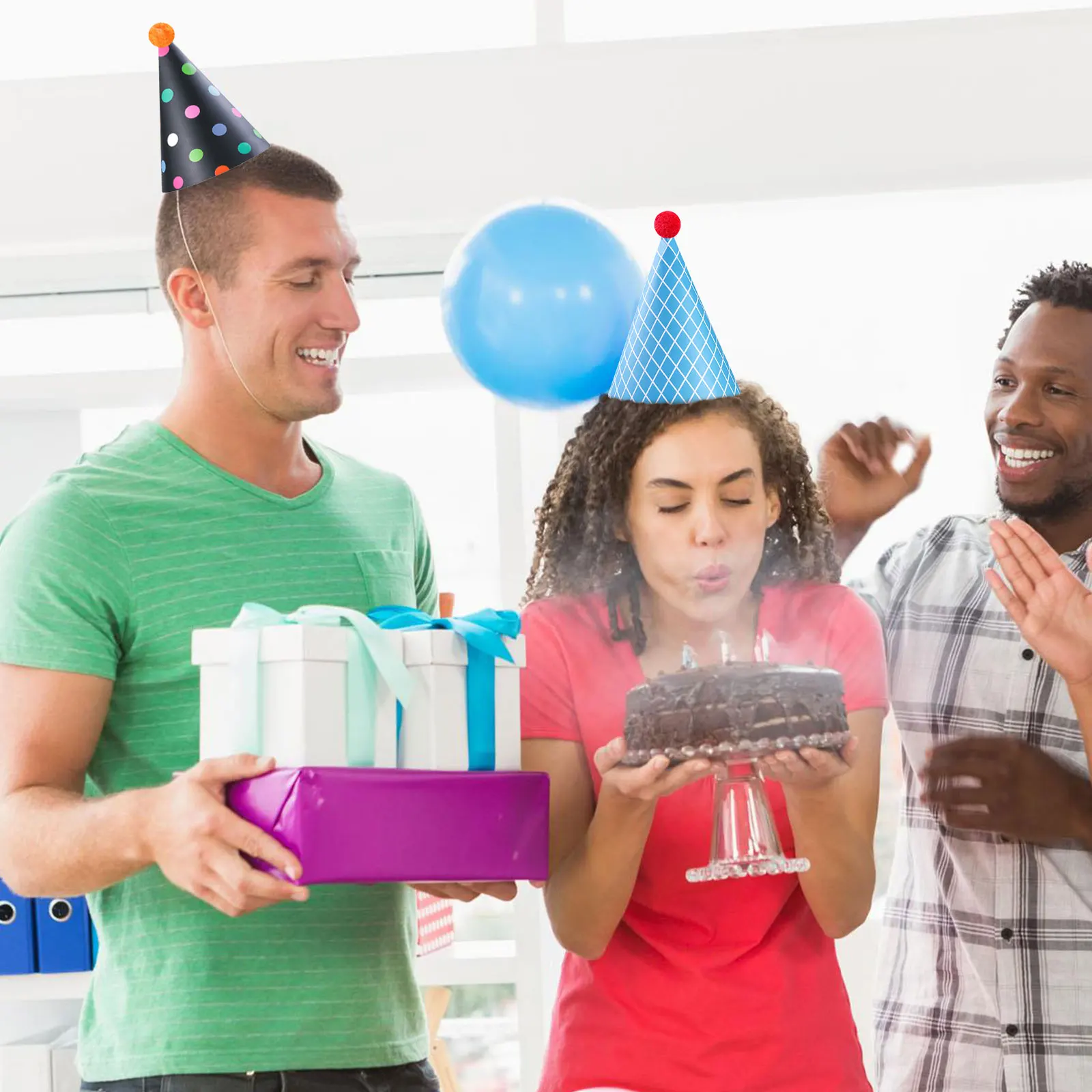 

9 Assorted Birthday Cap Hats Elastic String Birthday Hat Crowns Colorful Foam Pompom DIY Holiday Decorations