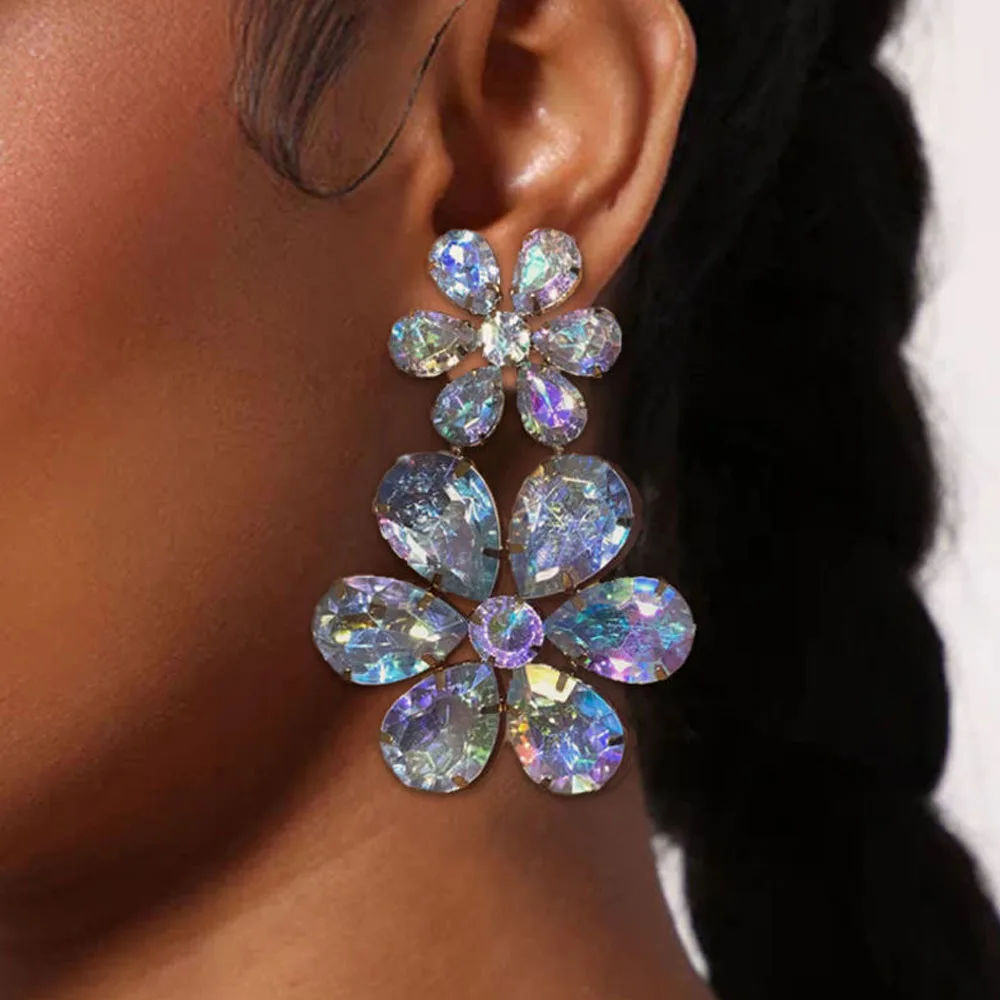 Stonefans 2024 Fashion AB Rhinestone Earrings for Women Shiny Crystal Double Flower Earrings Drag Queen Stud Jewelry Accessories