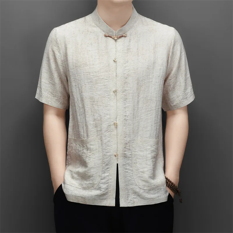 High-End Tang Costume Shirts For Men Frog Button Short Sleeve Summer New Quality Lightweight Breathable Casual Camisas De Hombre