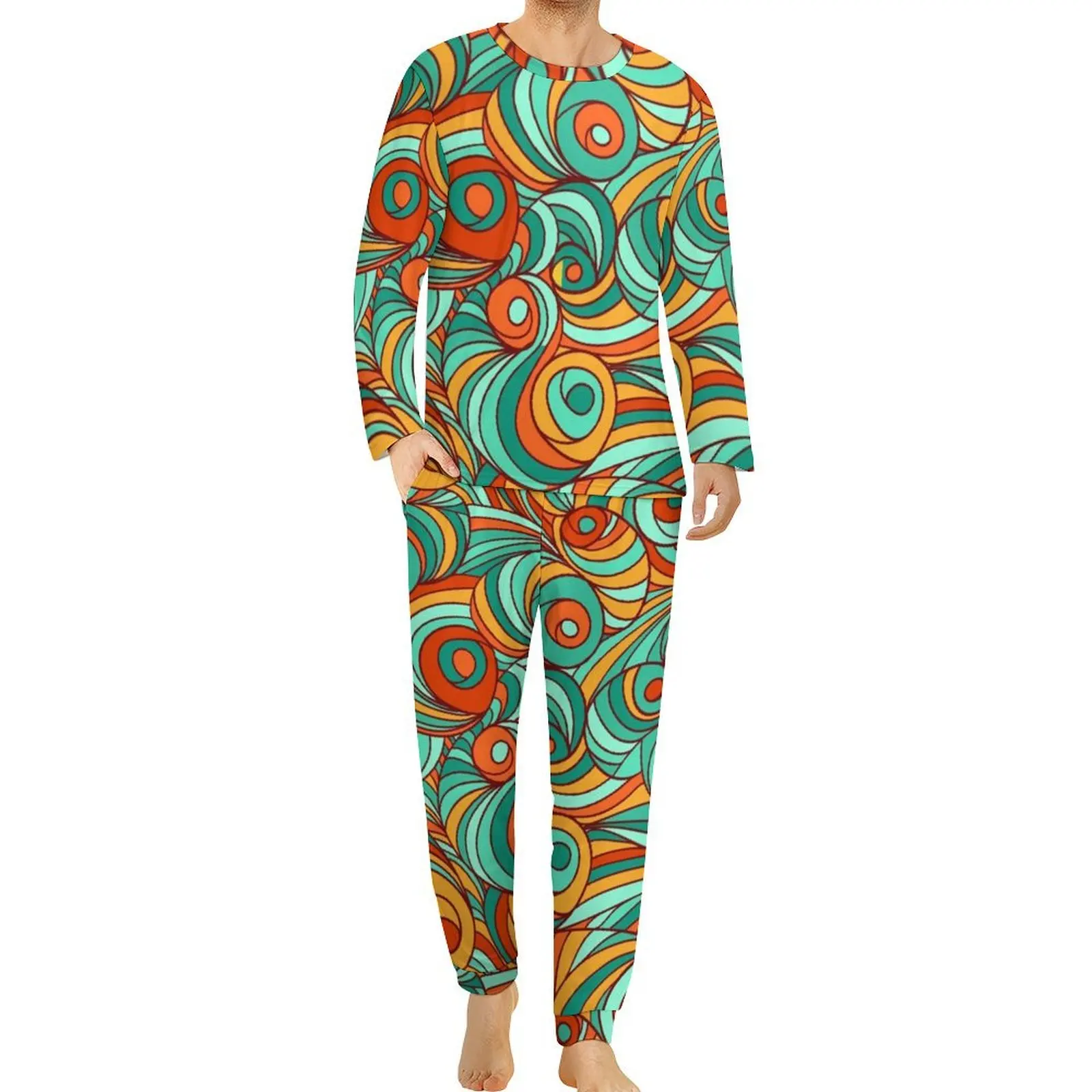 

Swirling Retro 70S Pajamas Spring Abstract Lines Print Casual Sleepwear Mens 2 Pieces Graphic Long Sleeve Oversize Pajama Sets