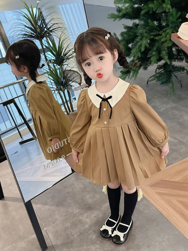 Girls Casual Dresses Spring New Sweet College Style Long Sleeved Princess turn down collar 2024 Childrens Clothing