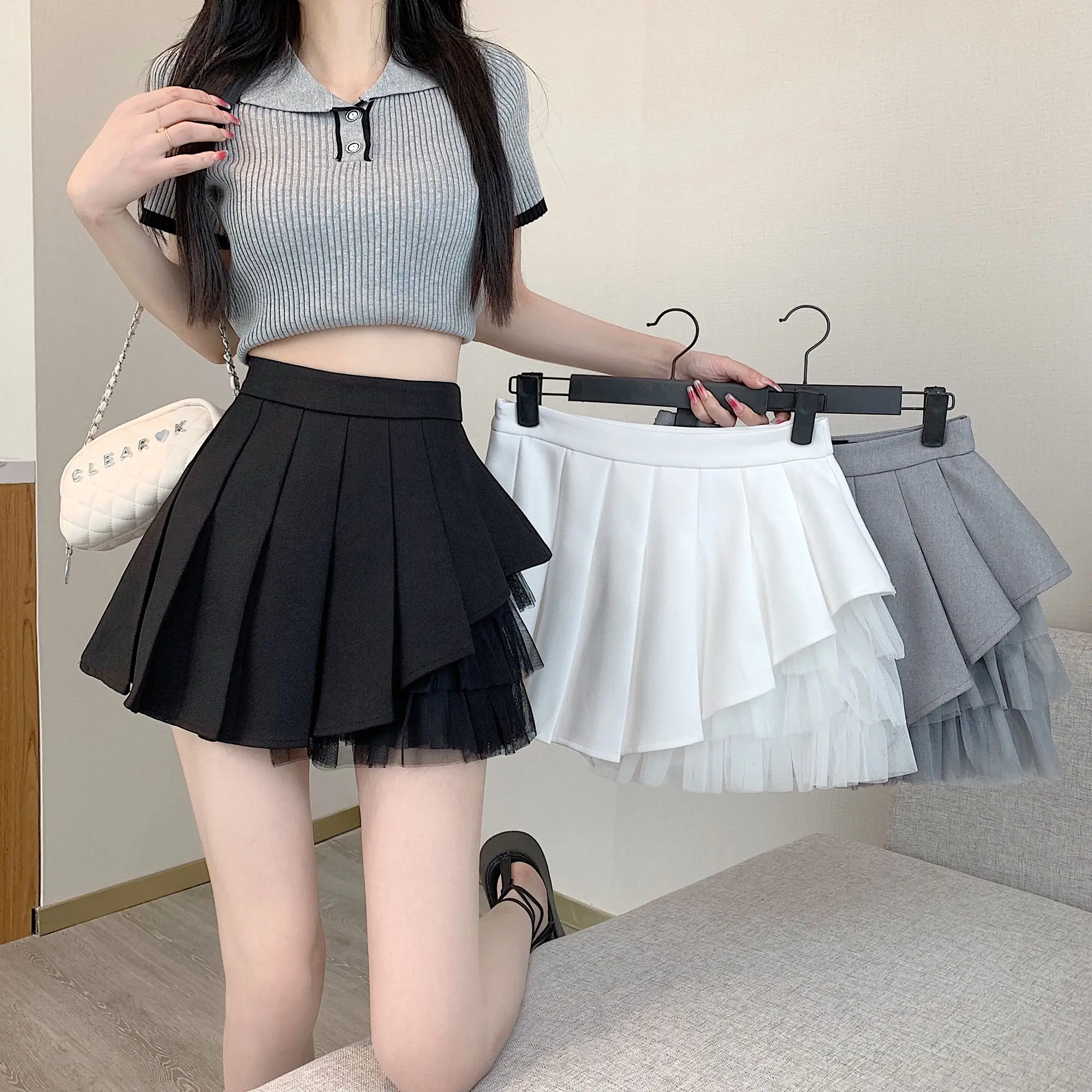 2026 Mesh pleated skirt for girls - summer hot girl short skirt with high waist for slimming effect - A-line short skirt