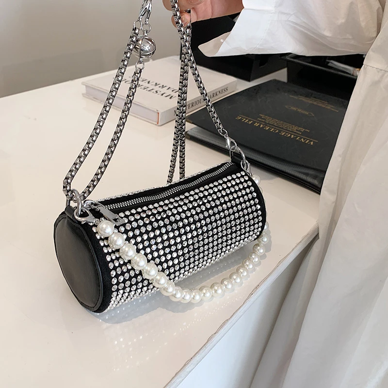 

Pearl Chain Evening Clutch Bag Silver Shiny Crystal Dinner Party Wedding Purses and Handbag Luxury Designer Shoulder Bag