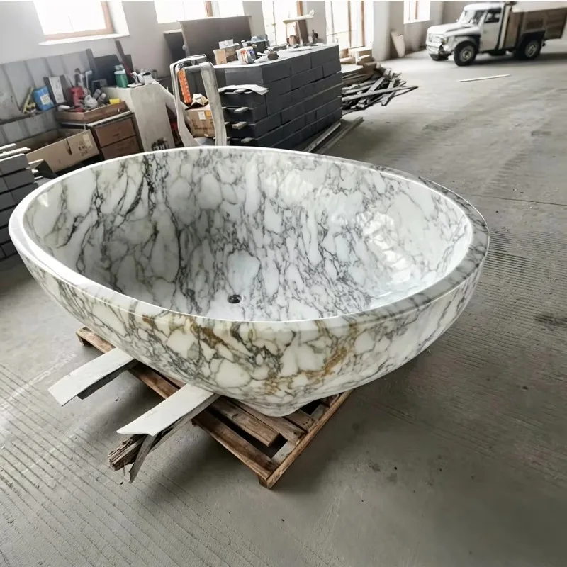 Luxury Calacatta Vagli Marble Bathtub Large Oval Freestanding Stone Standalone Tub For Outdoor Soaking And Villa Bathroom