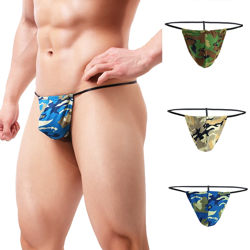 Men\'s Sexy Thong Bulge Pouch G-String Panties Bikini Low Waist Underpants Breathable Camouflage Lingerie T-back