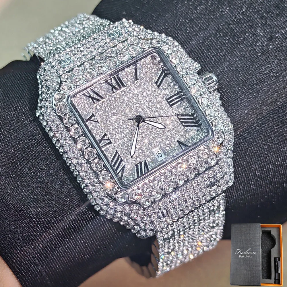 

Роскошные мужские часы с бриллиантами и коробкой, блестящие наручные часы в стиле хип-хоп, модные кварцевые часы с квадратным циферблатом, водонепроницаемые часы