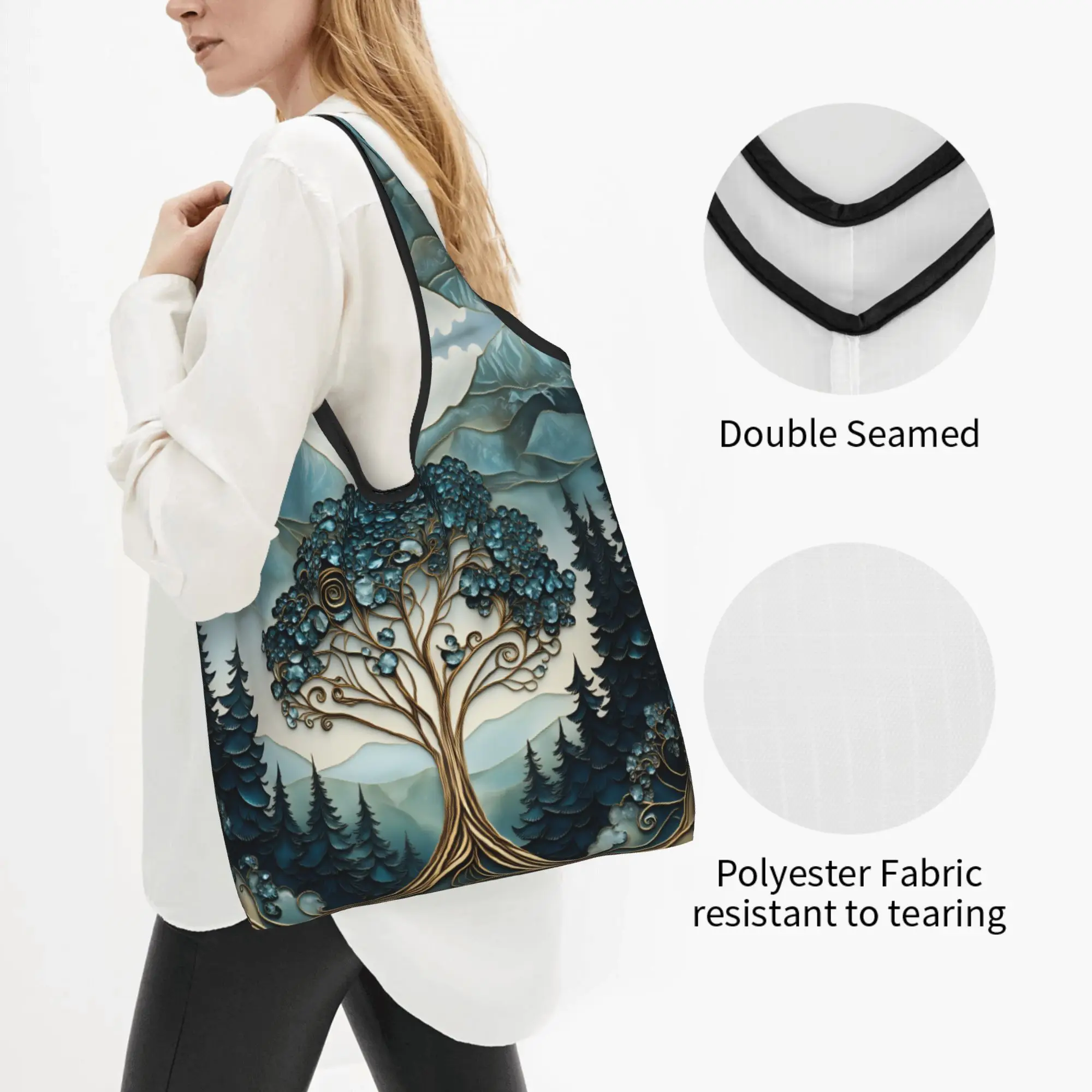 Recycling Tree of Life Yggdrasil World  Shopping Bag Women Tote Bag Portable Teal Art Nouveau  Grocery Shopper Bags