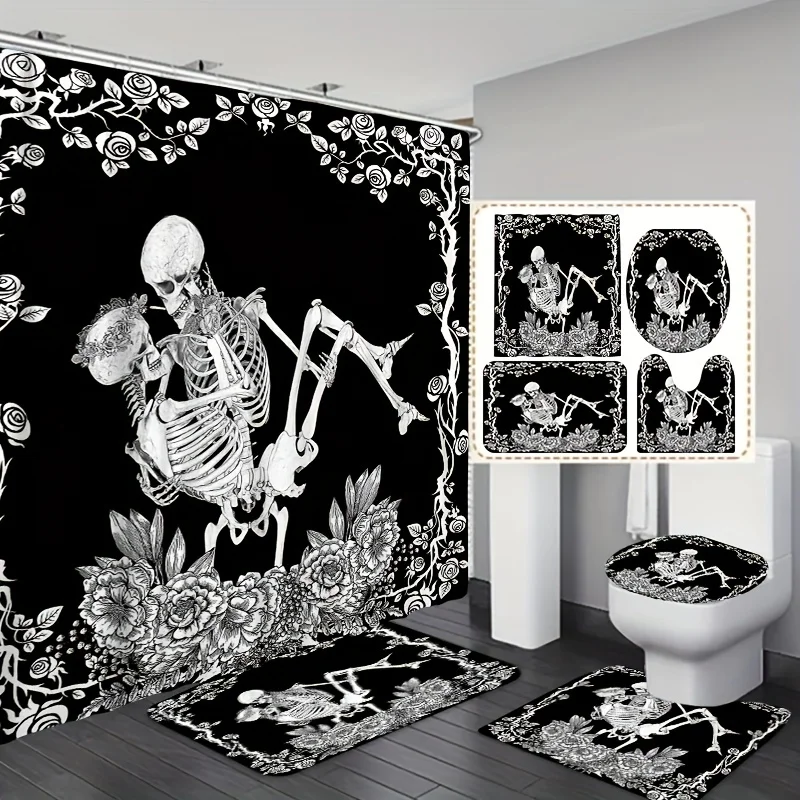 1/3/4pcs Black And White Skull Couple , Shower Curtain With 12 Hooks, Bathroom Rug, Toilet U-Shape Mat, T