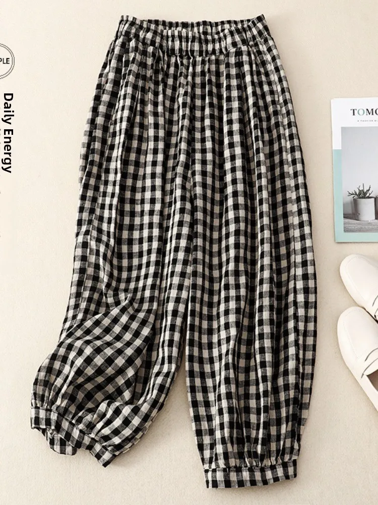 

Японские хлопковые и льняные брюки в клетку, женские повседневные брюки-фонарики с эластичной резинкой на талии, тонкие брюки-фонарики с девятью точками