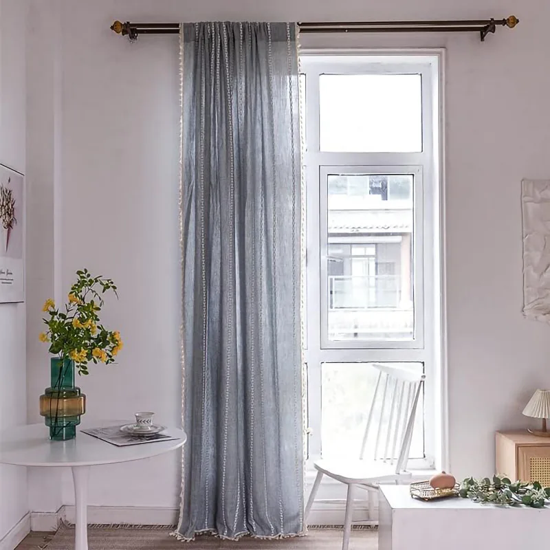 ستارة دش طويلة بوهو، ستارة دش من نسيج القطن والكتان مع شرابة لستارة ديكور الحمام الريفية الفرنسية الأنيقة