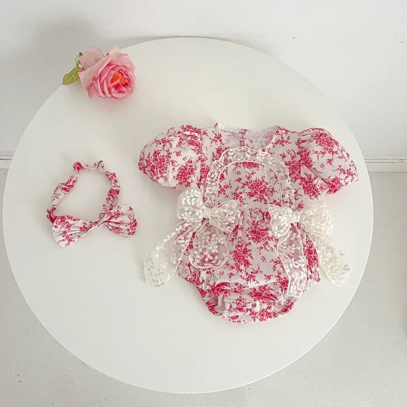 New Summer Family Matching Outfits Baby Girl One-piece Short Sleeved Lace Bow Bodysuit/Floral Dress Sisters Twins Clothing H4413