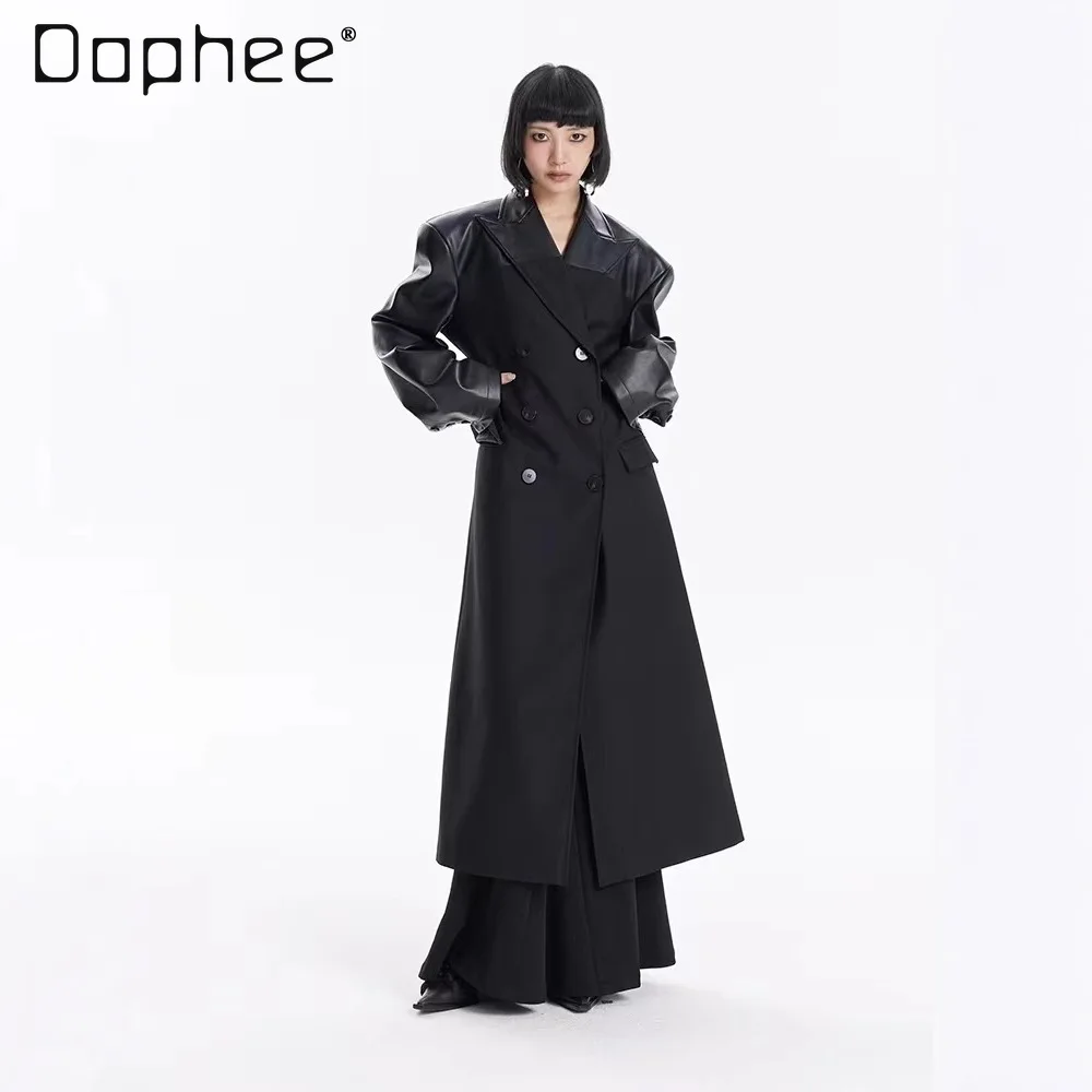 

Personalized Fashion PU Patchwork Cross Collar Double-Breasted Mid-Length Trench Coat Street Style Trench Coat Autumn Winter