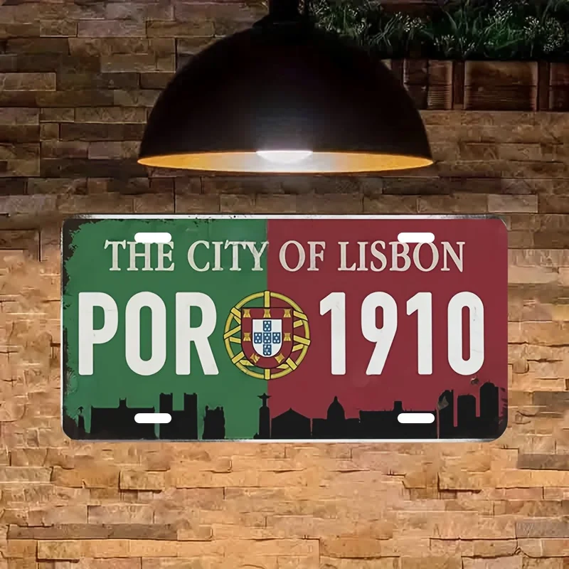 Vintage Retro „Die Stadt Lissabon POR 1910“ Portugal Flaggen-Nummernschild 2D Flaches Aluminium-Blechschild Wandkunst-Dekoration für Garage und Bar