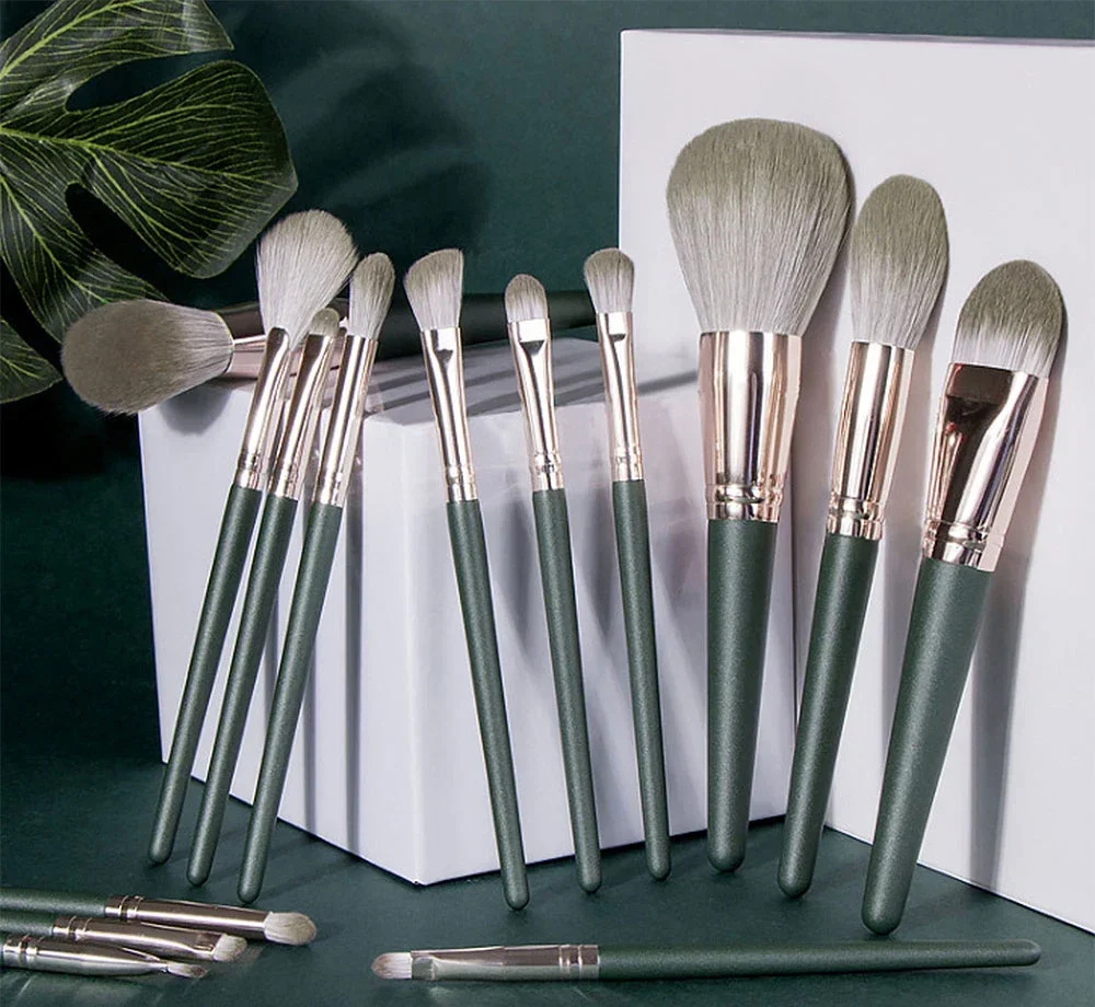 Luxe 14-delige make-upborstelset - Groene professionele penselen voor volledige gezichts- en oogdetails - Ideaal cadeau, contouren en blenden