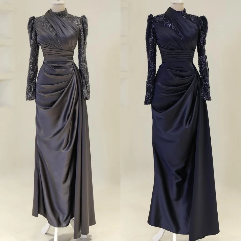

Customized High Quality Exquisite Charmeuse Sequined Beading Straight High Collar Long Dresses Bespoke Occasion Dresses Matching