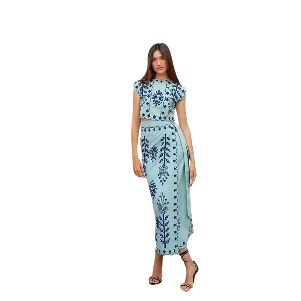 2024 Boho Vintage Print Top Skirt Suit Embroidered Two Piece Set Shoulder Padded Crop Top Lace Up Skirt Suit Beach Holiday Dress