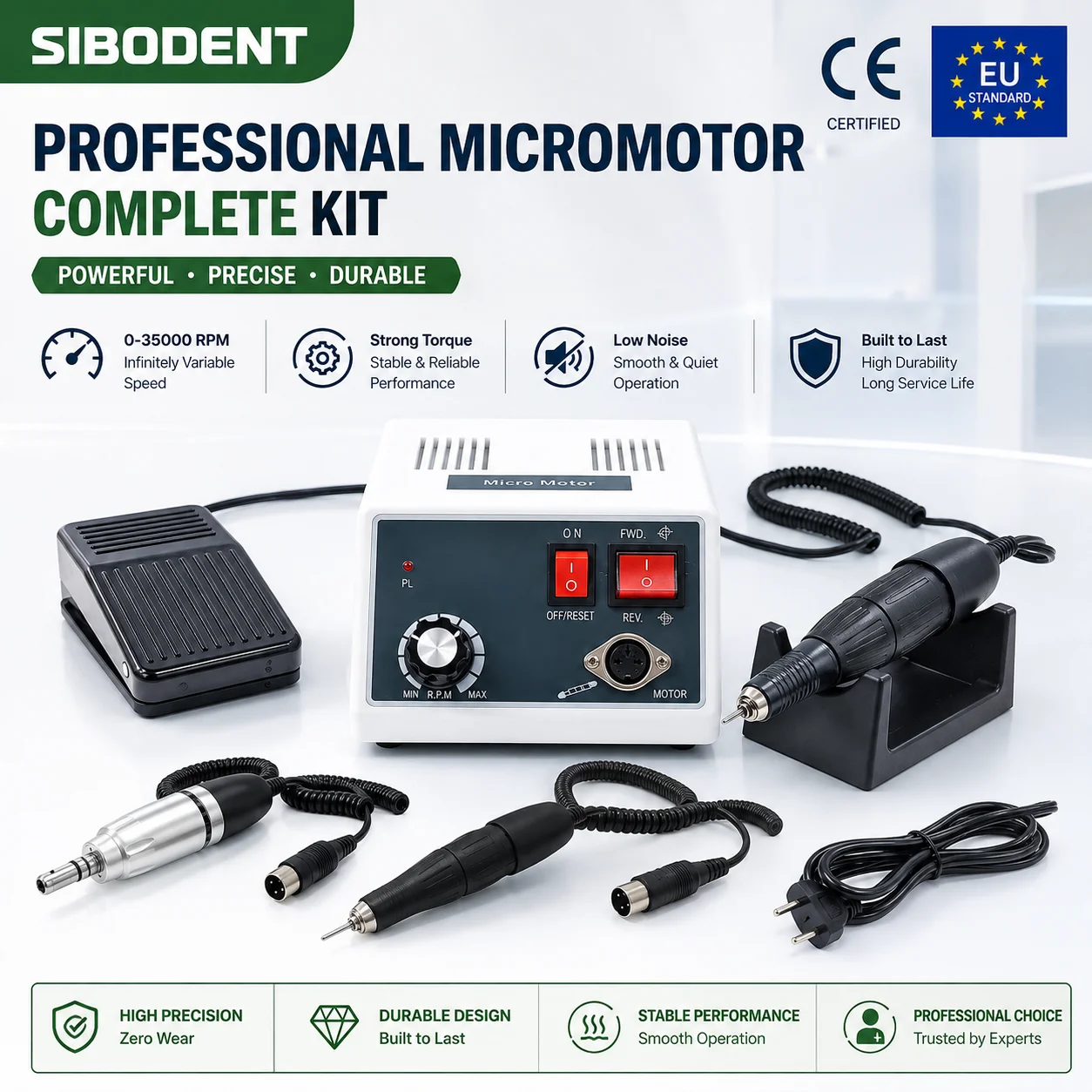 SIBODENT Dental Lab Micromotor 35000RPM Polishing Grinder Machine with E-Type Connection Compatible with Multiple Handpieces