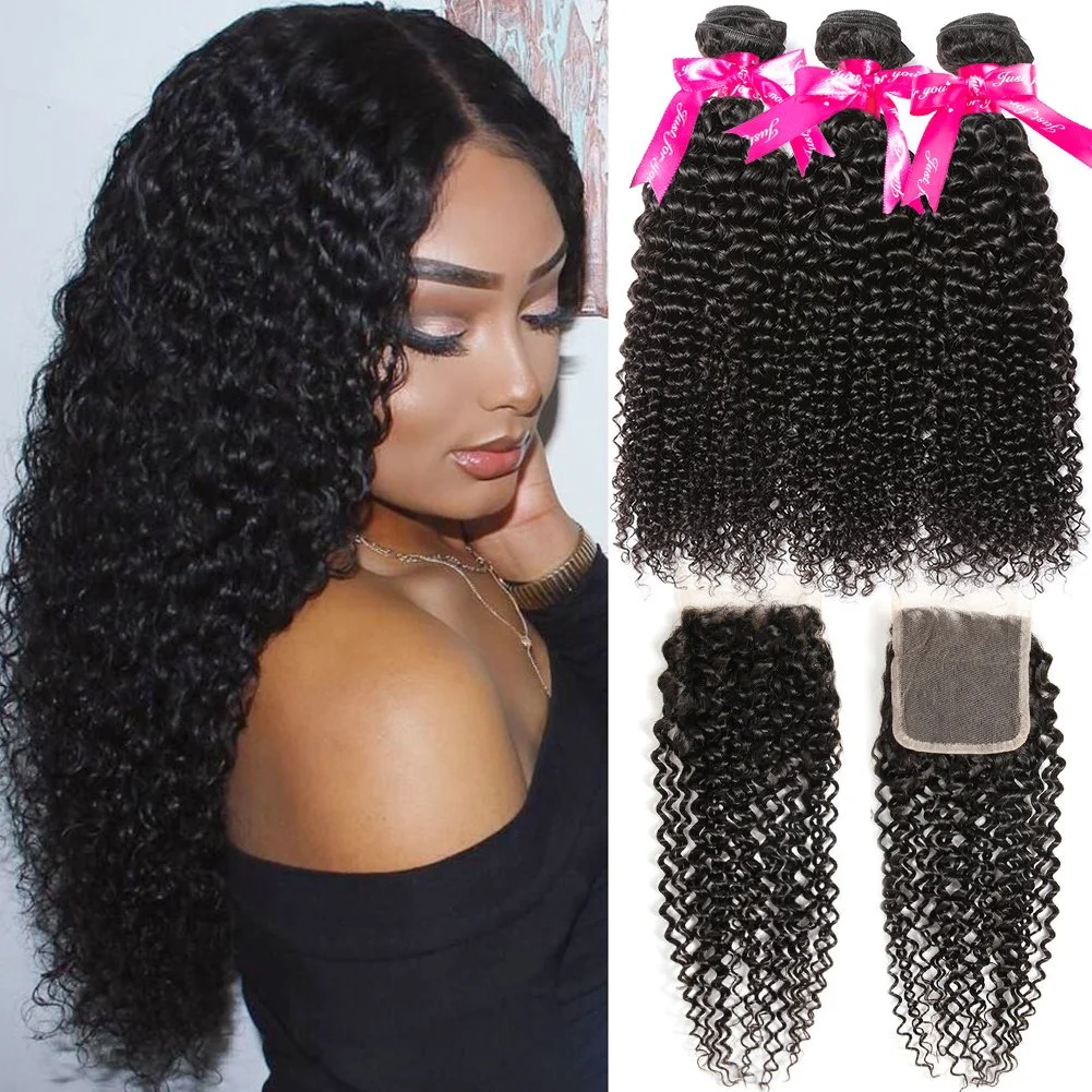 12A Kinky Curly Bundles With Closure Double Weft 100% Unprocessed Virgin Human Hair 3 Bundles With Closure Brazilian Hair Weave