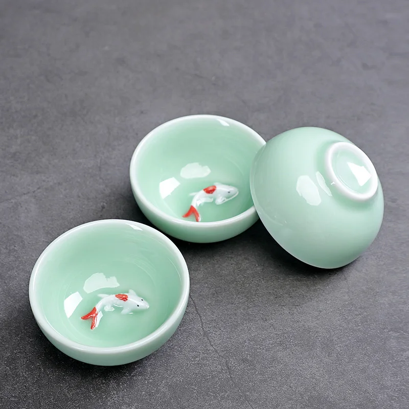 Celadon Fish Leuke Theekopje, Chinese Kungfu Thee Cup, Home Office, 3 Stuks Set