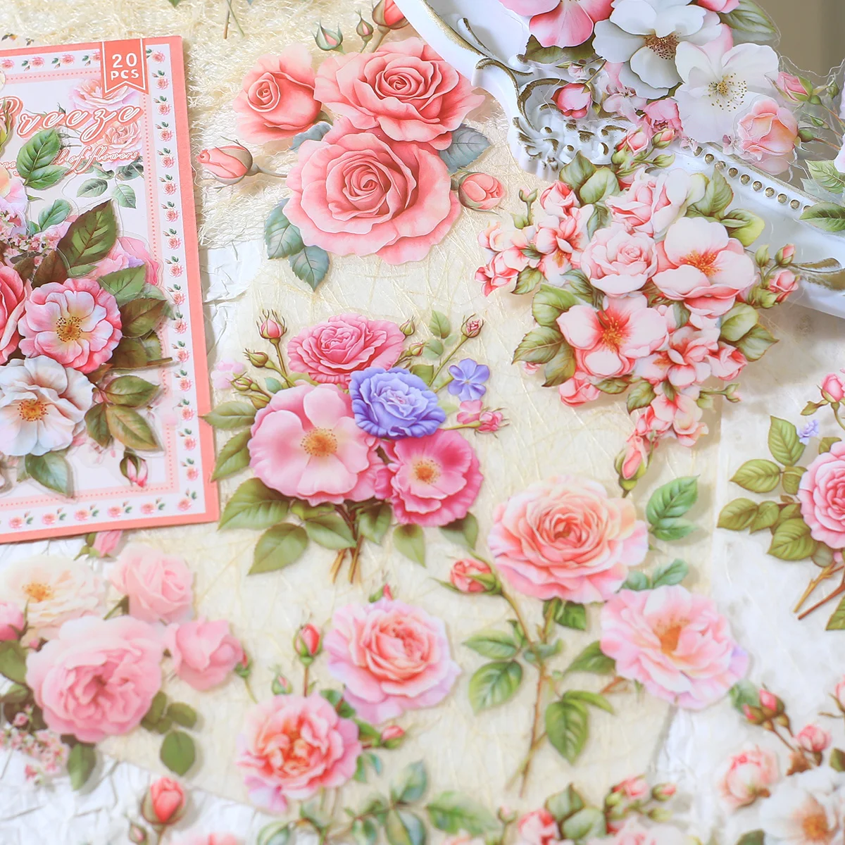 20pcs Transparent Floral Stickers Hand Account Collage PET Stickers for Scrapbooking Material Decor Album Junk Journal Stickers