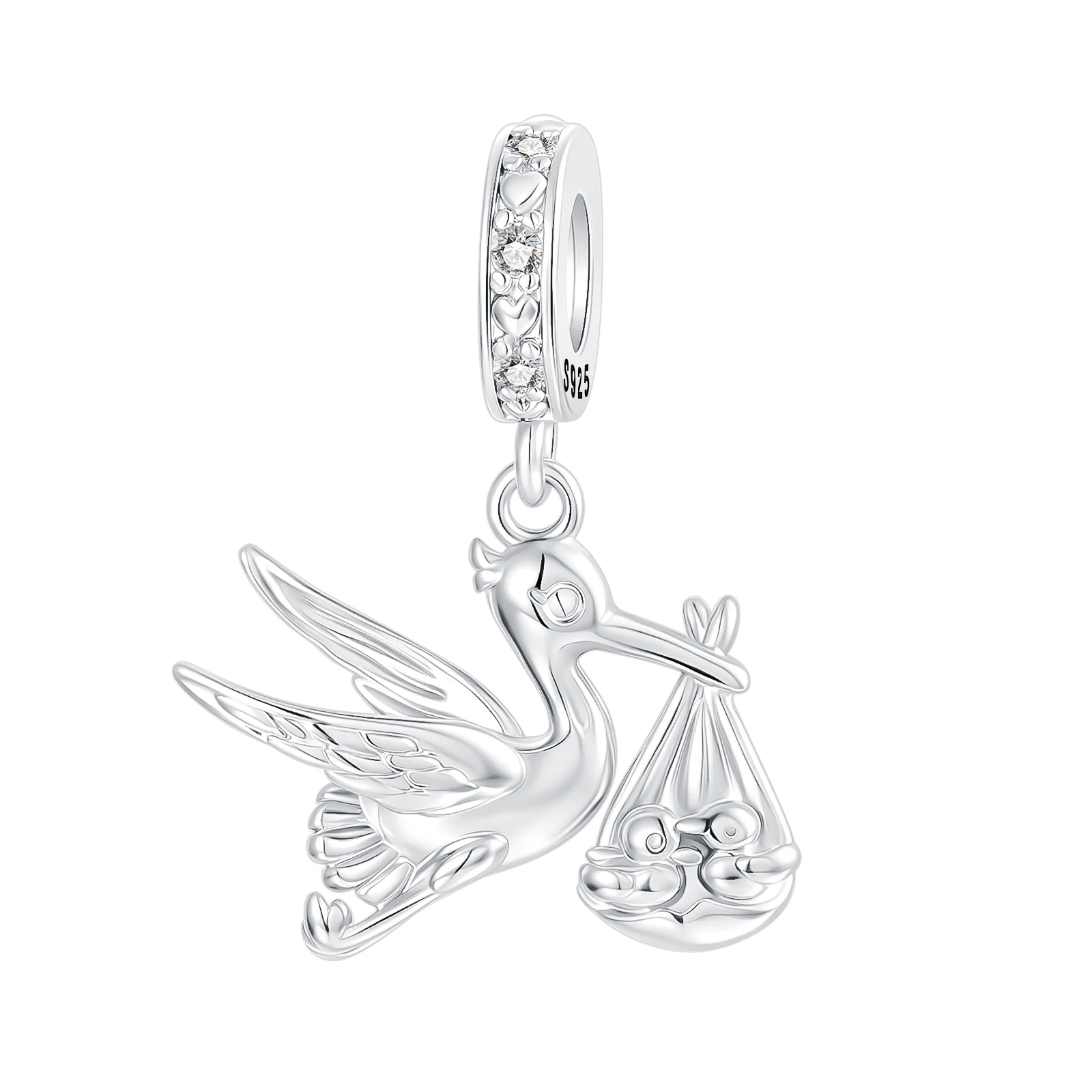Original 925 Sterling Silver Newborn Baby Charm Mother Stork Pendant for Women Fit Original Bracelet Necklace DIY Accessories