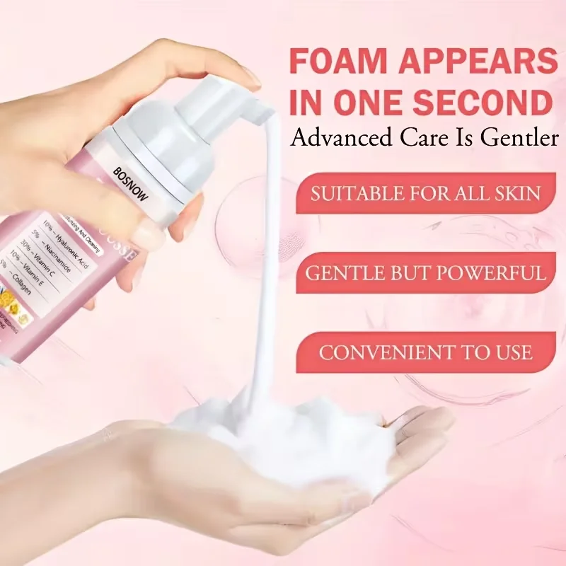 60ml 5-in-1 Cleansing Mousse/Facial Cleanser, Easy-To-Press Formula, Dense Foam, Rich in Hyaluronic Acid, Niacinamide, Vitamin C, Vitamin E, Collagen, Deeply Cleanses Pores and Oil, Opens up Skin Pores, Makes Skin Healthier, Moisturizes, Softens, and Smooths Skin, Provides a Light and Clean Feel, Creates Soft, Delicate, Smooth, and Elastic Skin, Suitable for Both Men and Women, Suitable for Family Use, Suitable for Gifting