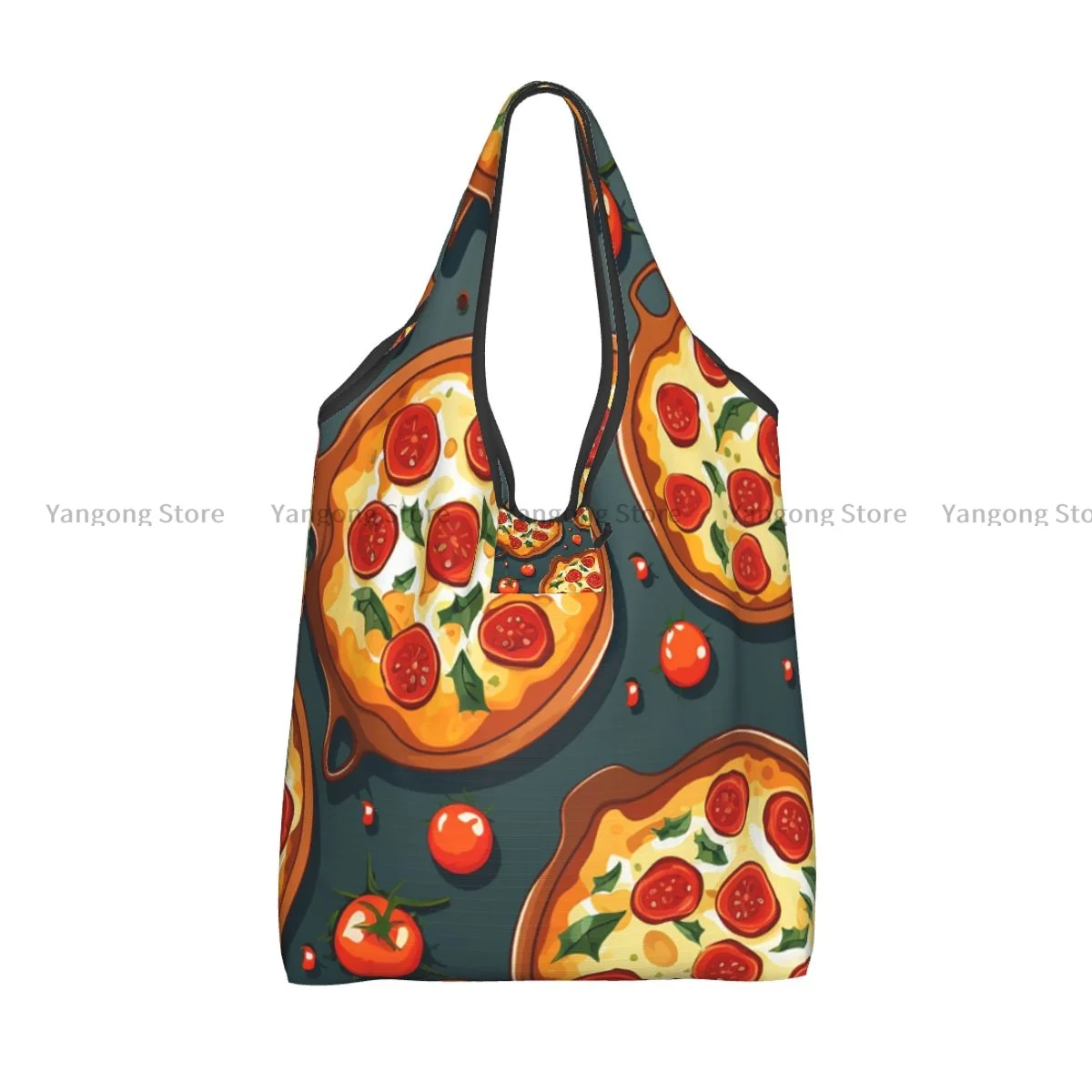 Folding Shopping Bag Pizza Food Reusable Portable Shoulder Handbag for Travel Grocery Pocket Tote