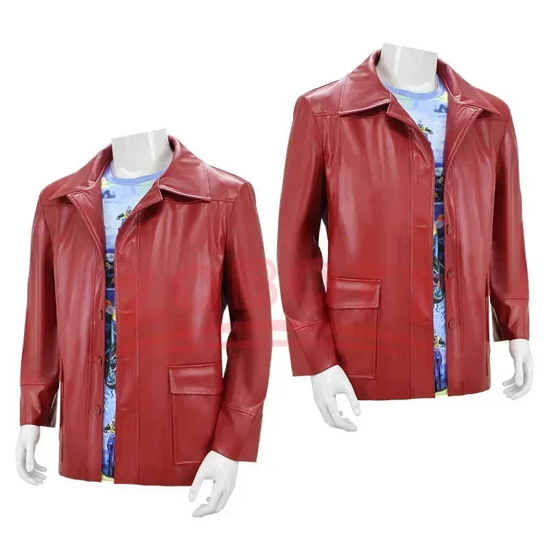 Hot Fight Club Tyler Durden Cosplay Costumes In Stock Brad Biker Leather Jacket Red Coat Shirt Glasses Halloween Party Suit