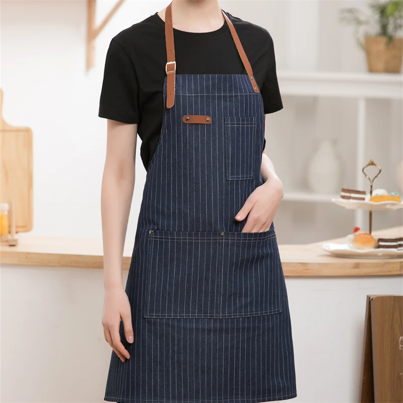 Logo Custom Denim Work Apron With Leather Strap and Pockets,Beauty Studio Barber Shop Cafe Market Bakery Employee Waiter Uniform