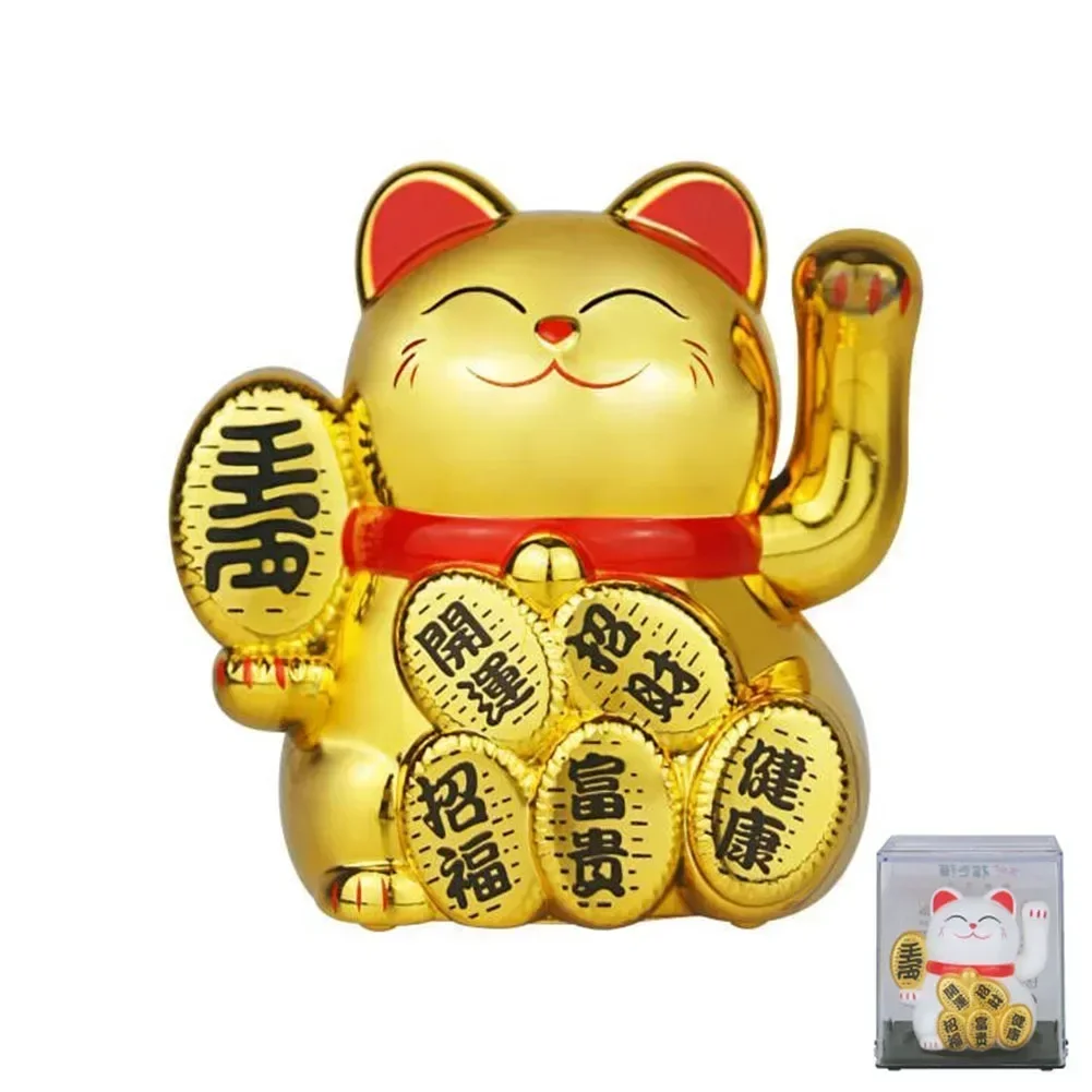 Solar Powered Maneki Neko Lucky Cat Welcoming Chinese Lucky Cat Waving Hand Beckoning Fortune Cat Figurines For Home Decor