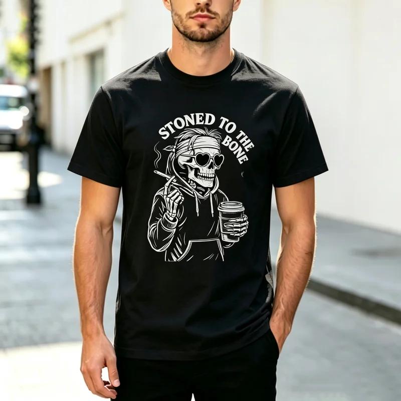 Unisex Skull Print T-Shirt STONED TO THE BONE Letter Cotton Short Sleeve Tee Men Women Casual Streetwear Y2k Top Harajuku
