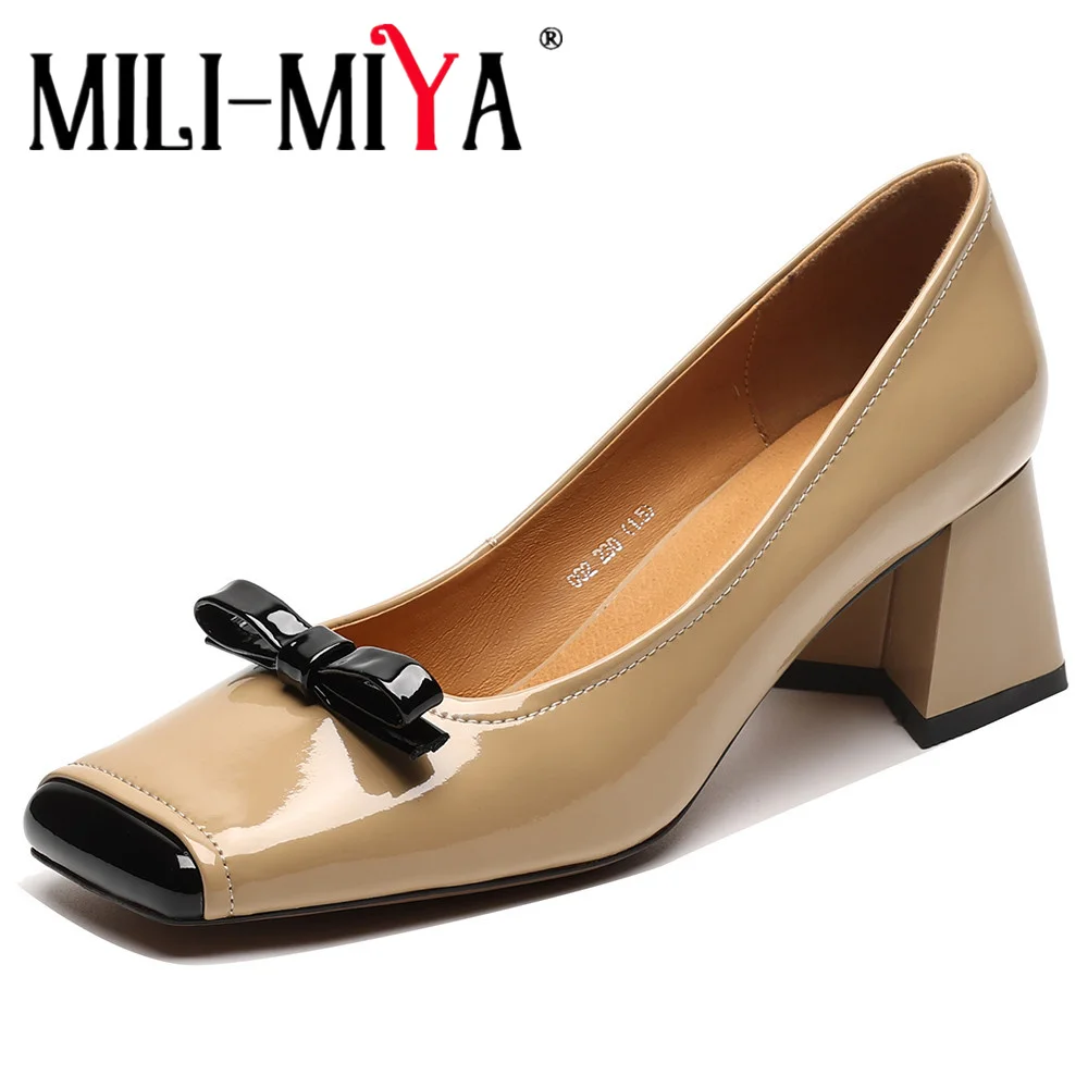 

MILI-MIYA Fashion Square Toe Splicing Mixed Color Women Patent Leather Pumps Slip On Butterfly Knot Thick Heels Handmade