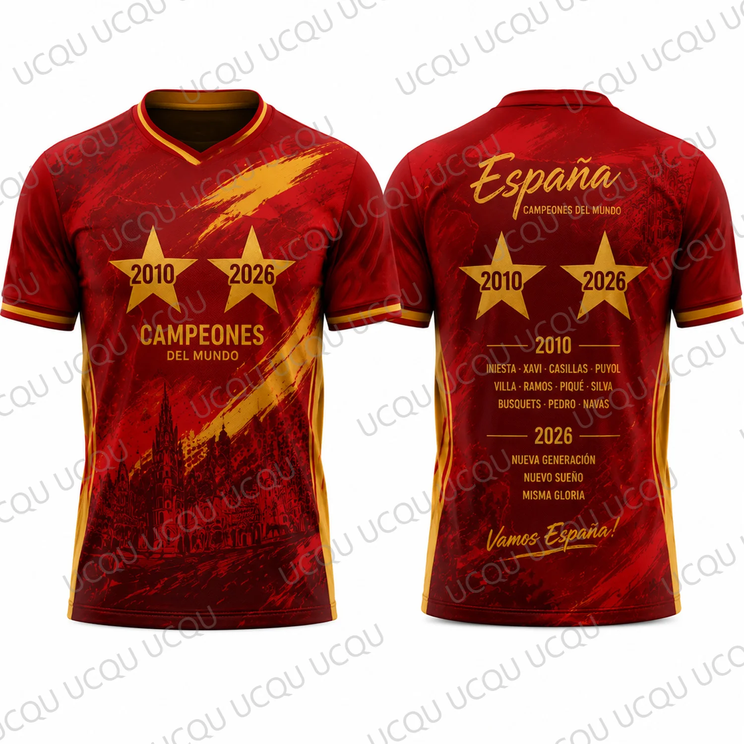 Camiseta de Hinchas de Fútbol Roja y Dorada, Tributo a los Campeones de España 2010-2026, Unisex, Manga Corta, Regalo Deportivo