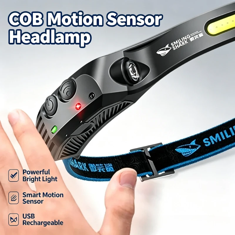SMILING SHARK Headlamp Powerful Motion Sensor Induction Head Torch USB Rechargeable Built‑in Battery Flashlight  TD-0125